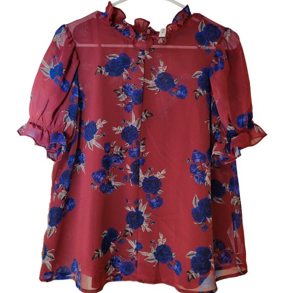 Kensie Tops - NWT KENSIE Gorgeous Mulberry Blouse with Cobalt Flowers Sheer w/Cami Stunning!!!